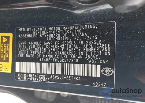 2016 Toyota Camry Le z USA, uszkodzony, nr VIN 4T4BF1FK8GR547818
